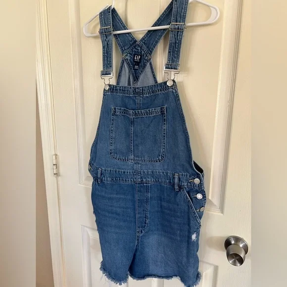 GAP Denim Distressed Shortalls Women’s L Blue Jean Overalls Frayed Hem - Picture 7 of 11